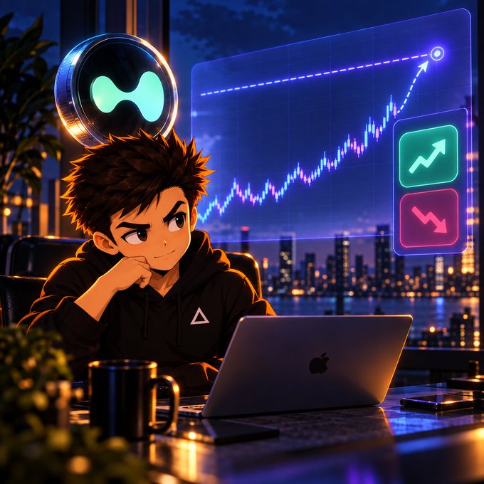 An anime-style illustration of a young man in a black hoodie sitting at a laptop with a glowing crypto chart (resembling Hyperliquid's logo) and trading indicators displayed on a screen behind him, with a city skyline at night in the background.