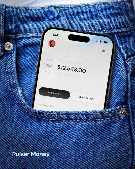 A smartphone displaying a Pulsar Money app interface, showing a USD balance of $12,543.00 with options to "Add money" or "Send money," is tucked into a jeans pocket. The image visually reinforces the message that accessing dollar-denominated savings is as effortless and discreet as slipping your phone into your pocket.