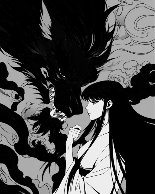 A monochromatic illustration depicts a woman with long dark hair in a traditional kimono facing a menacing, wolf-like shadow creature with bared fangs, set against swirling dark smoke. The atmospheric and ominous artwork complements the post's mysterious and competitive tone, fitting for an "ITIA night" social media promotion offering a cash giveaway.