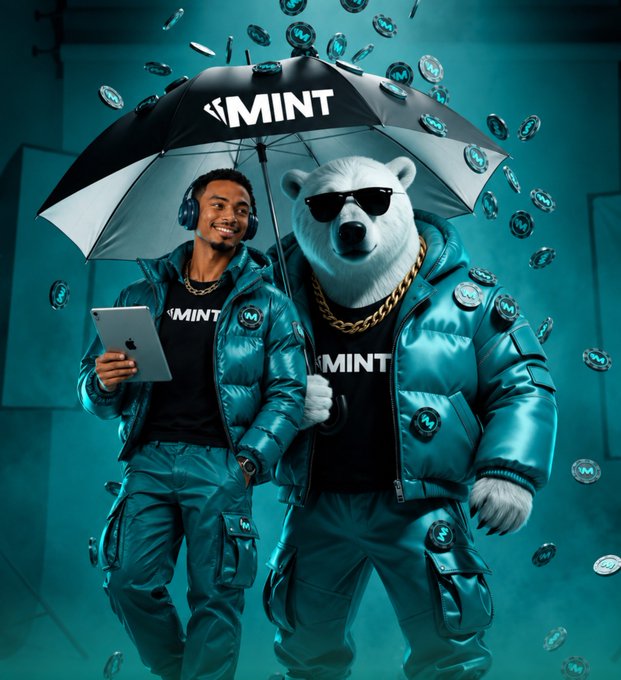 Stylized promotional artwork featuring a smiling man holding a tablet next to a polar bear wearing sunglasses, both in teal puffer jackets branded 'MINT', standing under an umbrella while surrounded by floating coins.