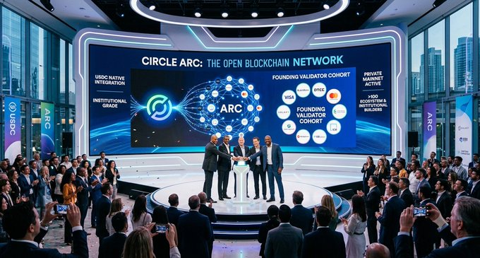 A large conference stage displays 'CIRCLE ARC: THE OPEN BLOCKCHAIN NETWORK' with a panel of speakers and an audience, listing founding validator partners including Visa and others.