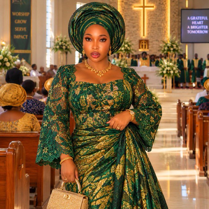 A woman stands in a church wearing an ornate green and gold lace dress with a matching traditional headwrap (gele), holding a beige handbag.