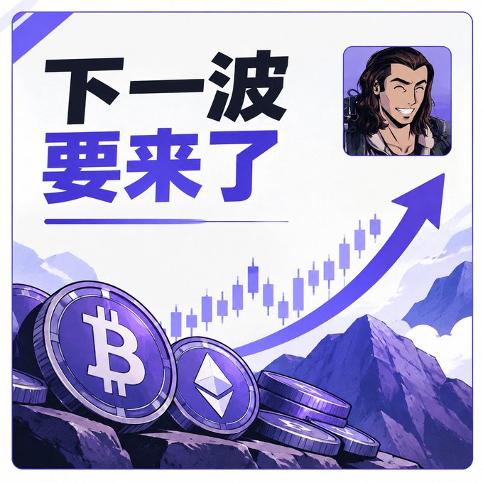A Chinese promotional graphic with the text '下一波要来了' (The next wave is coming) showing an illustrated character, Bitcoin and Ethereum coins, and a rising chart arrow.