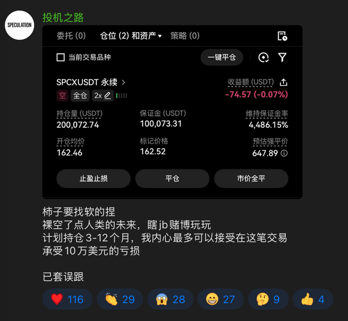 In the given image, there's a screenshot of a social media post by Equation, which has been shared by Vida. The post features an update about some stocks related to SpaceX. One of the stocks that caught our attention is SPX, as it was shorted in the post. The reason behind this shorting could be speculation regarding the future success or failure of the company. The post also mentions a recent IPO (Initial Public Offering), where shares have already been sold. It seems like a speculative investment scenario with potential high gains and losses if the stocks perform well or poorly. Additionally, there's a screenshot of an emotee expressing surprise at seeing SPX posted on Twitter, adding humor to the serious stock update.