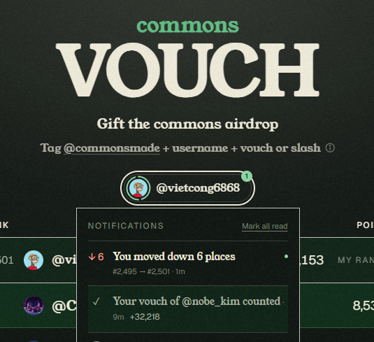A 'commons VOUCH' page promoting the commons airdrop, showing instructions to tag @commonsmade + username + vouch or slash, with a notification indicating 'Your vouch of @nobe_kim counted.'