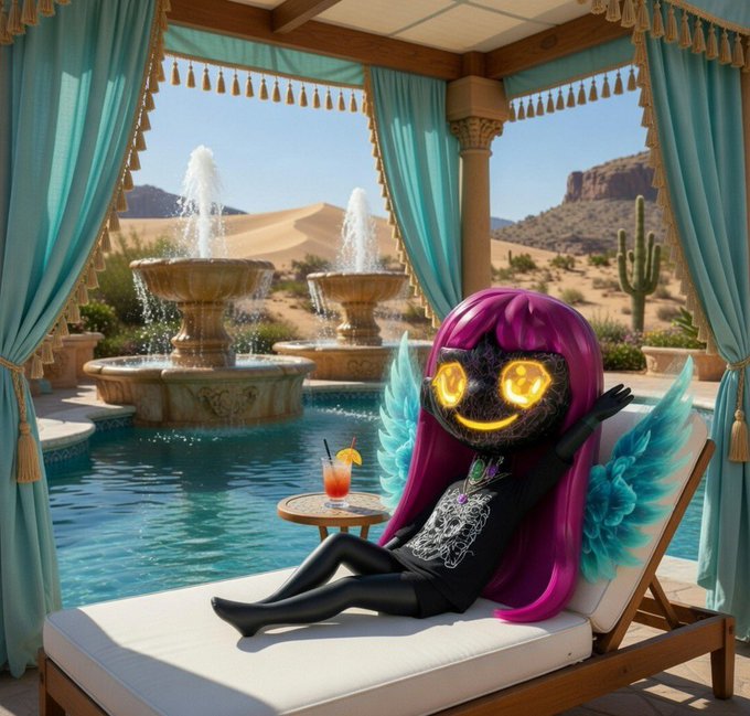 A 3D-rendered character with glowing yellow eyes, purple hair, and cyan wings lounges on a poolside chair beside a desert oasis with fountains, with a cocktail nearby.