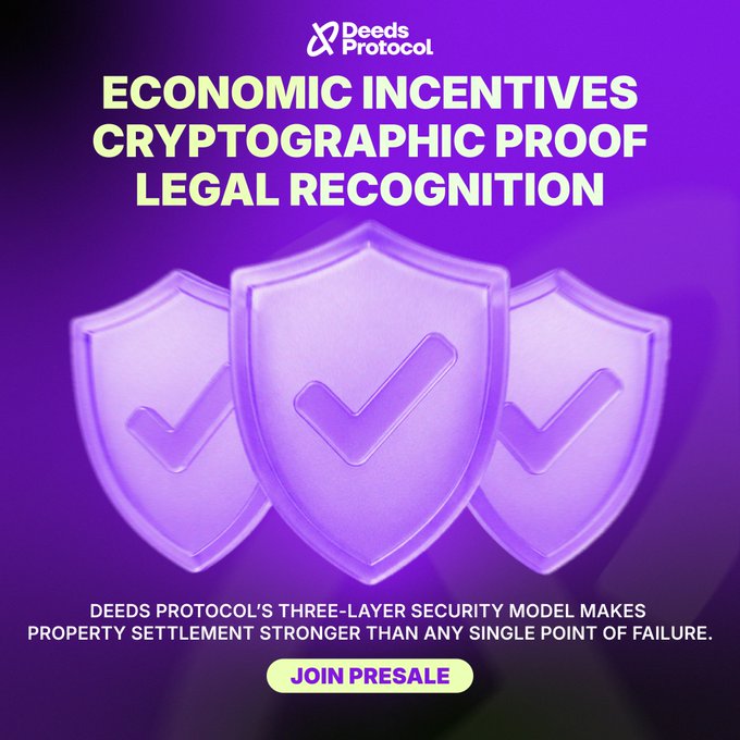 A purple promotional graphic for Deeds Protocol advertises 'ECONOMIC INCENTIVES CRYPTOGRAPHIC PROOF LEGAL RECOGNITION' with three shield icons and a 'JOIN PRESALE' button.