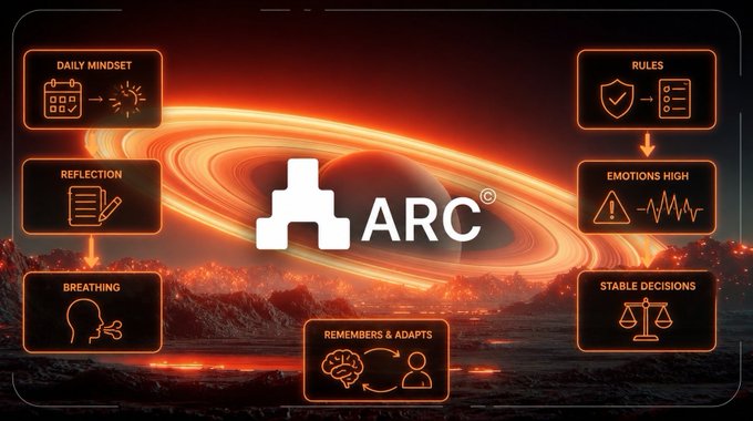 The image showcases the "ARC" logo set against a dramatic cosmic backdrop of a fiery planet with glowing rings, surrounded by eight labeled feature boxes highlighting key functions: Daily Mindset, Reflection, Breathing, Remembers & Adapts, Rules, Emotions High, and Stable Decisions. This visually reinforces the post's emphasis on ARC's trust-oriented design, illustrating the framework's structured, user-verifiable capabilities beyond standard AI outputs.