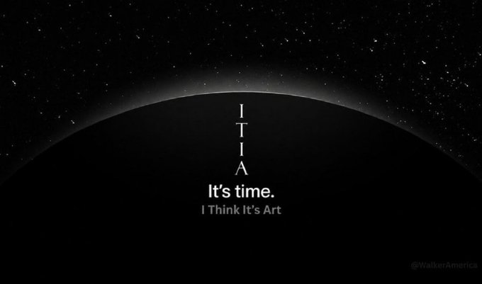 A dark, starry space scene featuring a planetary silhouette displays the text "ITIA," "It's time," and "I Think It's Art," serving as a branded graphic for @IThinkIt'sArt's $100 ETH/USDT giveaway promotion.