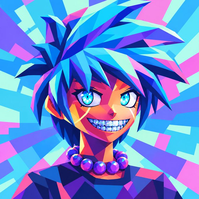 A vibrant, geometric pop-art style portrait of a character with spiky blue and purple hair, bright blue eyes, a diamond-encrusted smile, and a purple beaded necklace against a colorful background.