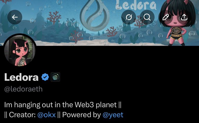 The image features a Twitter post with a pink cartoon character, possibly a girl or a woman, wearing a black outfit. The text of the post reads "I'm hanging out in the Web3 planet". This post seems to be related to the character Ledora from the game Minecraft, as it is described as a "Minecraft avatar" and a "Minecraft avatar". The post also mentions that the character has been "powered by #Yee", which could indicate that the character's powers have been enhanced or gained through some form of gameplay.