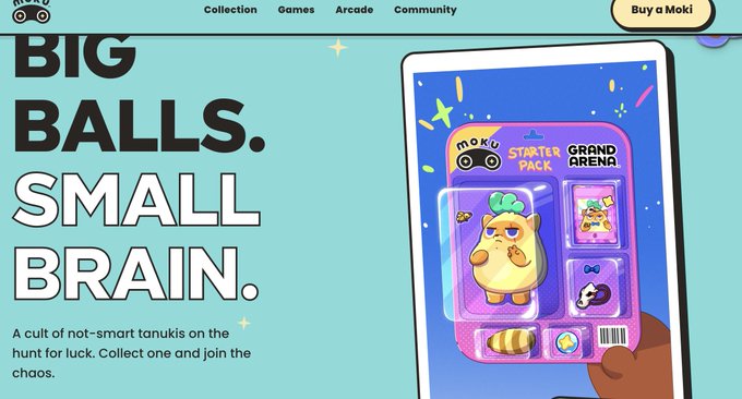 Moku NFT collection website featuring 'BIG BALLS. SMALL BRAIN.' headline promoting a 'Starter Pack' with a tanuki character figure priced to 'Buy a Moki'.