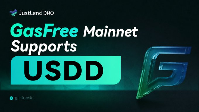 A promotional graphic from JustLend DAO announcing that the GasFree mainnet now supports USDD, featuring the JustLend DAO logo at the top and a large green "USDD" badge alongside a stylized "G" emblem against a dark background, with gasfree.io displayed at the bottom—visually reinforcing the post's message about expanded developer integration and API support for USDD on the GasFree network.