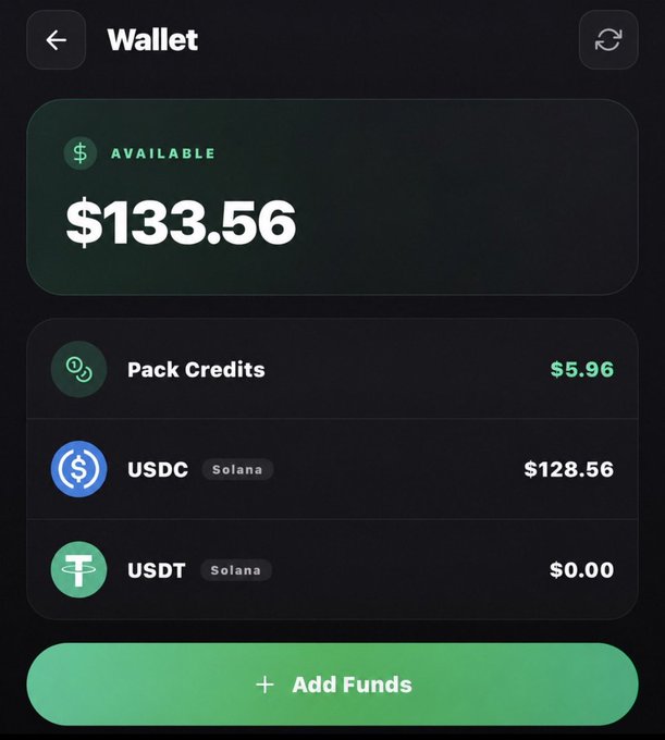 A dark-themed digital wallet interface shows an available balance of $133.56, consisting of $5.96 Pack Credits and $128.56 USDC on Solana, with an "Add Funds" button at the bottom.