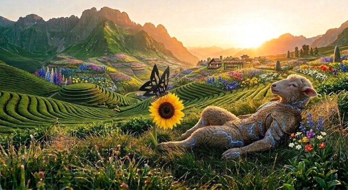 A vibrant fantasy landscape featuring green terraced hills, colorful flower fields, mountains in the background, a sunflower with a butterfly, and a detailed sheep creature with glowing blue markings resting in the grass under a golden sunset.