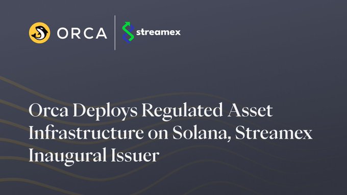 The image shows a graphic design or poster featuring two text fields, one containing the text "RWA Infrastructure Expands on Orca Today, issuers can toggle permissions on permissionless infrastructure that permit eligible participants to transact regulated assets on @solana". The title of this image is "Oracle Deploys Regulated Asset Infrastructure on Solana. Streamex Inaugural Issuer", indicating a connection between the Oracle deployment and the Streamex Inaugural Issuer platform used for deploying regulated asset infrastructure, such as solana.