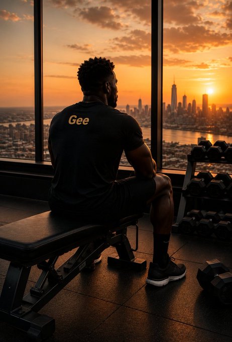 A muscular man wearing a black t-shirt with 'Gee' on the back sits on a workout bench, silhouetted against a stunning sunset over a city skyline visible through floor-to-ceiling windows, with dumbbells nearby.