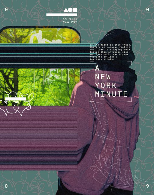 Artwork depicting a hooded figure in a pink hoodie looking out of a subway car window at a green forest, with overlaid text 'A NEW YORK MINUTE' and a reflective quote about time slipping away.