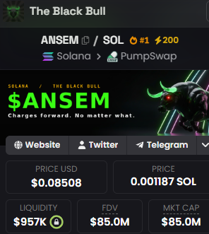 The image shows a crypto token page for "The Black Bull" with ticker $ANSEM on the Solana blockchain via PumpSwap, now valued at $85.0M market cap, $0.08508 price, and $957K liquidity. This relates to the post by showing the massive gains on $ANSEM since its early launch at $200K market cap, illustrating the author's regret over selling too early and missing approximately $14,000 in potential profits.