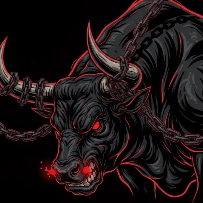 A menacing illustration of a black bull with glowing red eyes and snout, wrapped in chains, with red highlights against a dark background.