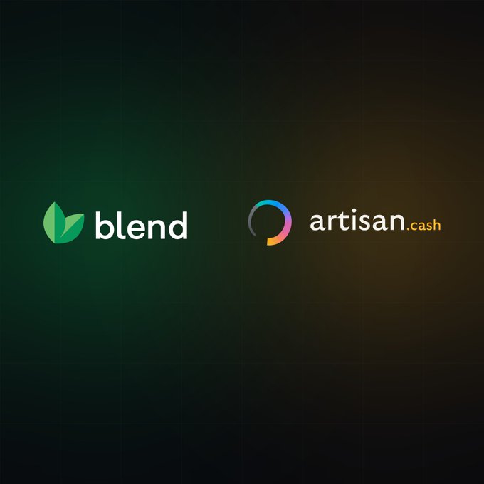 A graphic displaying two logos side-by-side on a dark background: "blend" with a green leaf icon, and "artisan.cash" with a colorful circular icon.