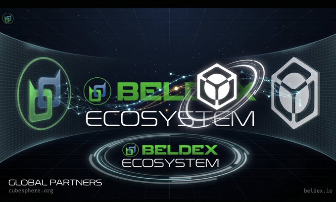 A promotional banner for 'BELDEX ECOSYSTEM' featuring green hexagonal logos and geometric cube designs against a dark starry background, with text 'GLOBAL PARTNERS cubesphere.org' and 'beldex.io'.