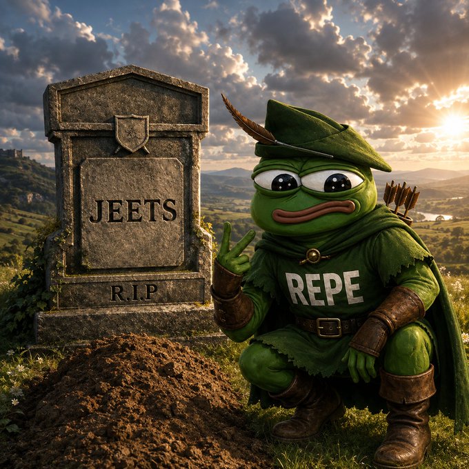 A cartoonish green Pepe frog dressed as a Robin Hood-style archer kneels beside a tombstone reading 'JEETS' and 'R.I.P.', flashing a peace sign against a dramatic sunset landscape.