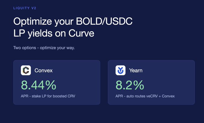 A promotional graphic for Liquidity v2 titled "Optimize your BOLD/USDC LP yields on Curve," showing two yield options: Convex at 8.44% APR and Yearn at 8.2% APR.