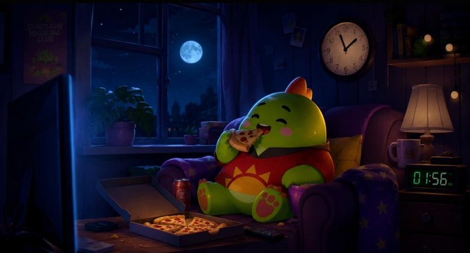 A cute dinosaur-like character wearing a red shirt enjoys pizza while lounging in a cozy, moonlit living room featuring a clock showing around 9:30 and a digital clock reading "01:56." The image illustrates a relatable late-night snacking scene, fitting the post's theme about sleep and wellness since late-night eating affects sleep patterns that sleep tracking apps like Sleepagotchi monitor.