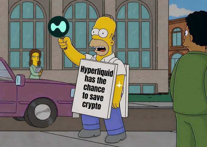 Simpsons cartoon image showing Homer Simpson holding a sign that reads 'Hyperliquid has the chance to save crypto' alongside a Hyperliquid logo sign.