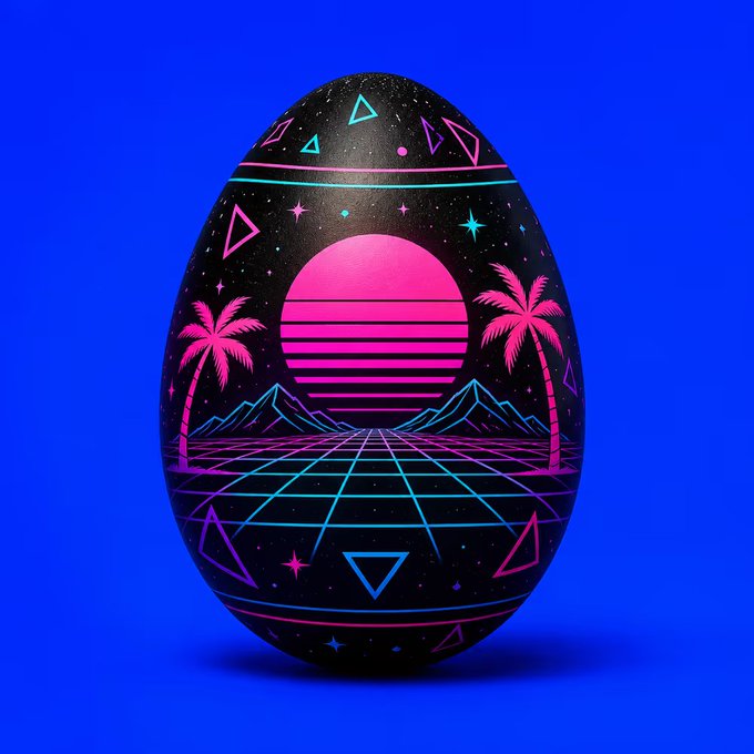 A black egg decorated with a retro neon synthwave design featuring a pink striped sun, palm trees, geometric mountains, and a glowing grid against a starry background, set on a vibrant blue surface.