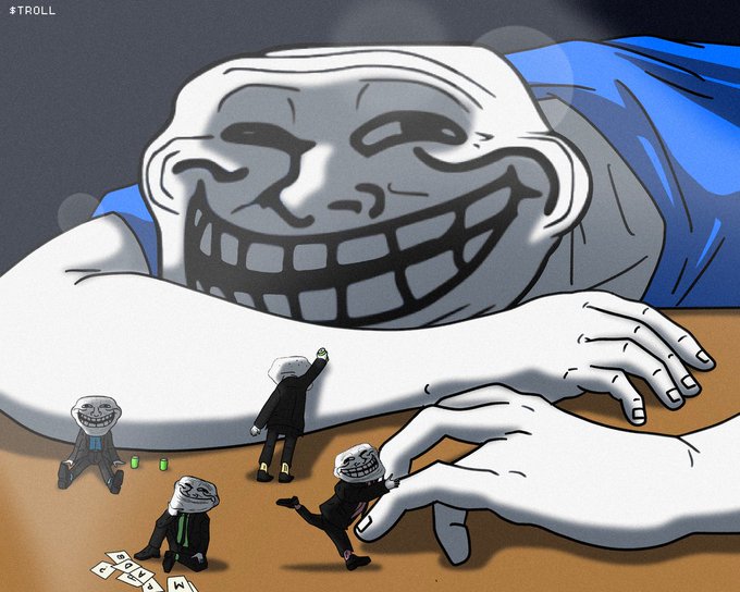A digital illustration showing a giant troll head and hands looming over tiny trollface figures in suits playing cards on a wooden surface, with a '#TROLL' label in the top left corner.