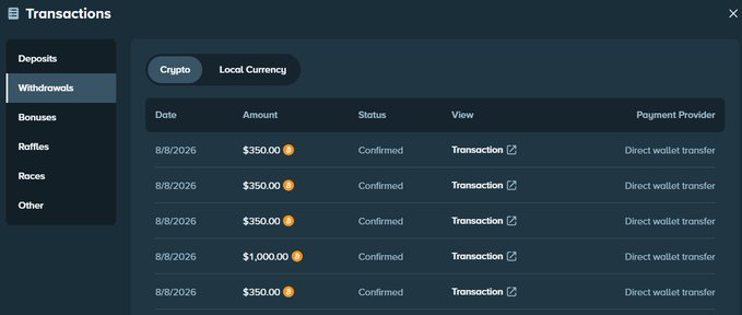 A dark-themed 'Transactions' history interface, currently showing the 'Withdrawals' tab with multiple confirmed transactions of $350.00 and $1,000.00 via 'Direct wallet transfer.'