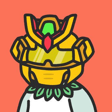 A cartoon illustration of a yellow mecha-style helmet with red gem eyes and green accents worn by a figure with a light blue body on an orange background.