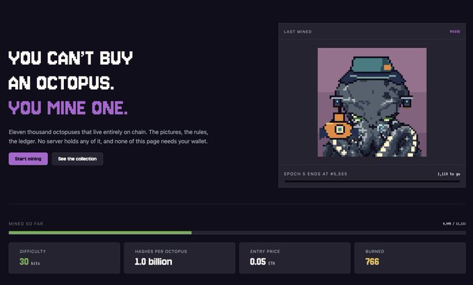 A dark-themed webpage titled "YOU CAN'T BUY AN OCTOPUS. YOU MINE ONE." describes a blockchain project featuring 11,000 octopuses, displaying pixel art of an octopus character and stats like "MINED SO FAR," "DIFFICULTY 30 bits," and "HASHES PER OCTOPUS 1.0 billion."