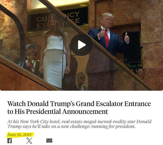 A news article screenshot dated June 16, 2015, showing Donald Trump and Melania Trump riding down a gold escalator, captioned 'Watch Donald Trump's Grand Escalator Entrance to His Presidential Announcement.'
