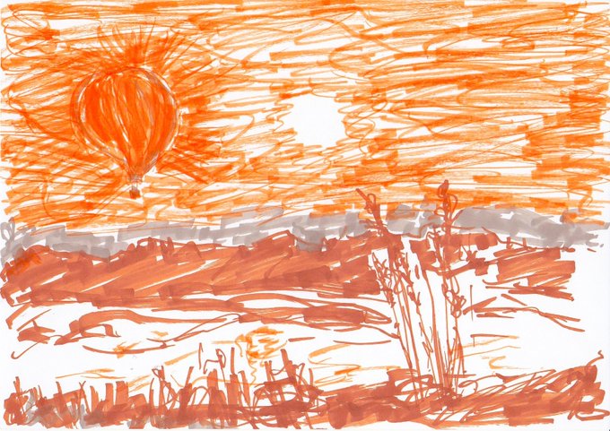 A loose, sketch-style landscape drawing in orange and grey tones depicting a hot air balloon, a bright sun, mountains, and tall plants in a field.