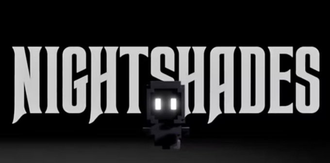 A logo image featuring the word 'NIGHTSHADES' in large, stylized white letters on a black background, with a small pixelated character with glowing white eyes standing in front of the text.