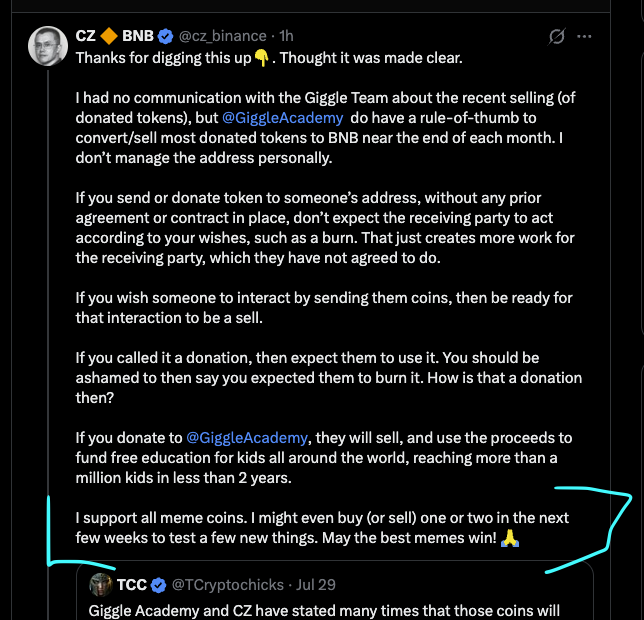 A tweet from CZ (@cz_binance) clarifying his non-involvement with Giggle Academy's token selling, stating donated tokens fund free education for kids, and expressing support for meme coins.