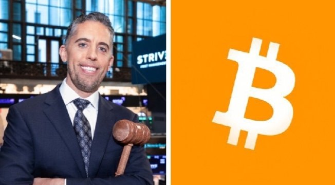 A man in a suit holding a gavel is pictured on the left with "STRIVE" visible on a screen behind him, alongside an orange Bitcoin logo on the right, illustrating the post about Strive's growing corporate Bitcoin treasury of 20,020 BTC valued at $1.26 billion.