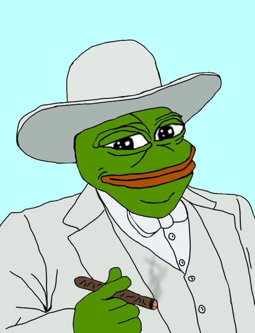 An illustration of the Pepe the Frog meme wearing a gray cowboy hat and suit, holding a smoking cigar with a smug expression.