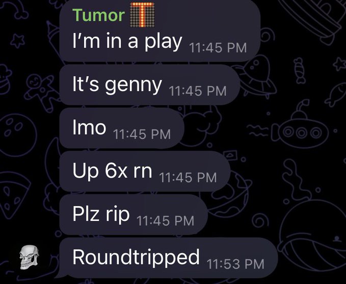 A late-night Discord chat shows a user named "Tumor" celebrating with "I'm in a play, it's genny, lmo, Up 6x rn, Plz rip, Roundtripped" — referencing a Solana meme coin on the "tumor" ticker that pumped 6x before a full roundtrip back to zero. The skull reaction emoji underscores the brutal degens experience described in the post about "Solana trenches."