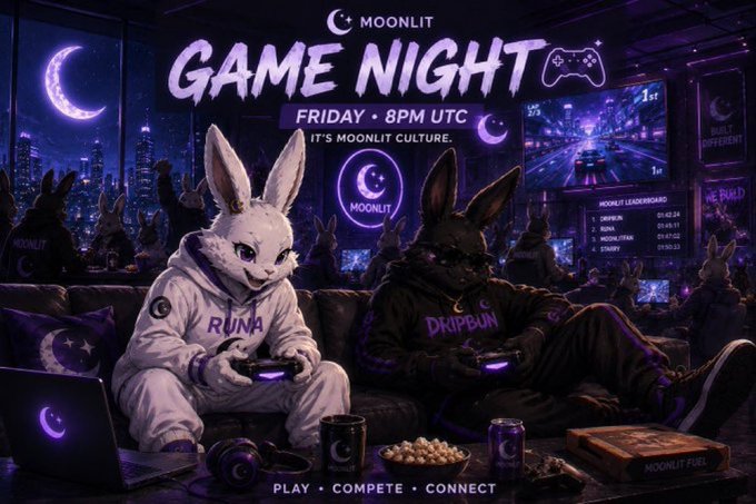 A promotional poster for 'MOONLIT GAME NIGHT' on Friday at 8PM UTC, featuring two people in bunny costumes gaming on a couch.