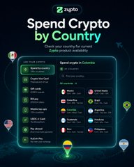 The image is a promotional graphic from Zypto titled "Spend Crypto by Country," showcasing its universal payment cards and crypto services available in 190+ countries, including features like VISA cards, bill pay, gift cards, mobile top-ups, USDC cash, and merchant payments. It directly visualizes the post's message by displaying a list of supported spend-by-country options and payment categories for selecting a specific country.