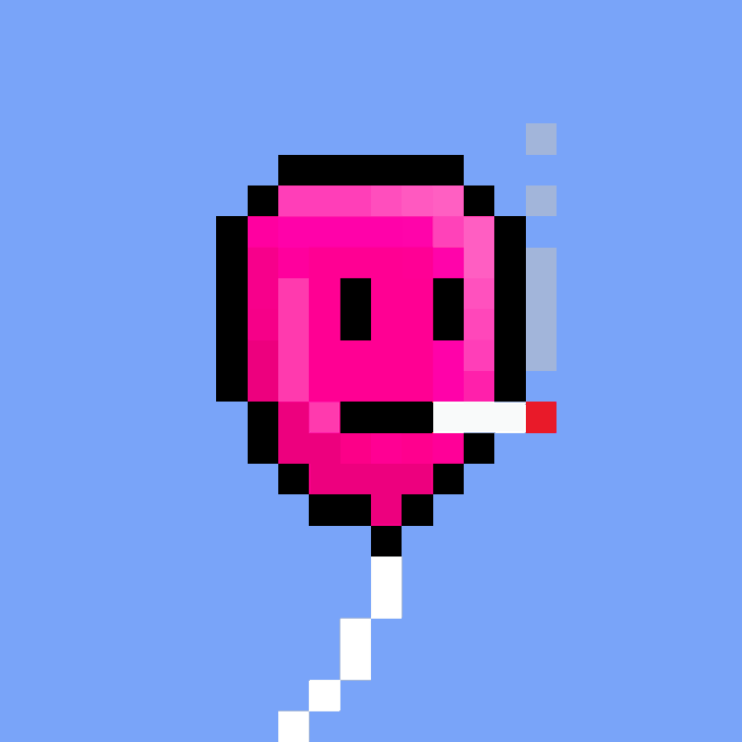 A pixel art image of a pink balloon with eyes, a mouth holding a cigarette, and a string, set against a blue background.