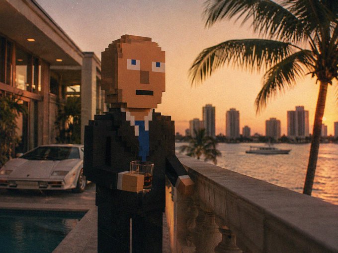 A blocky, pixelated figure in a suit and tie holds a glass of whiskey while overlooking a sunset-lit waterfront city skyline, perfectly capturing the "ClockIn #WeWorking" grind culture vibe.