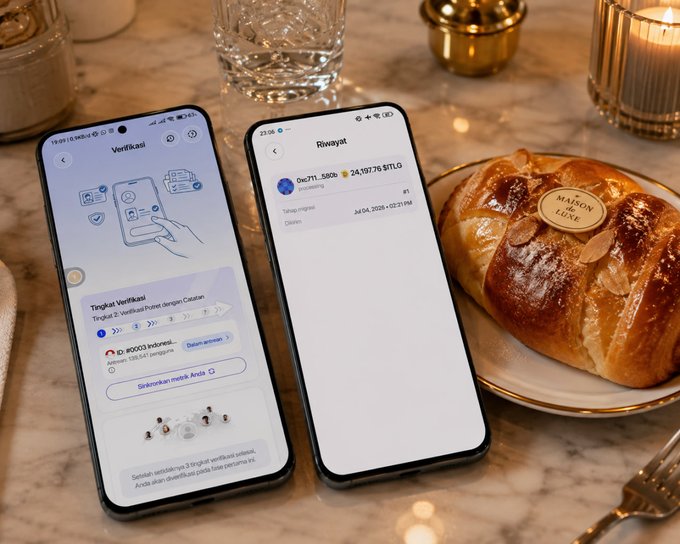Two smartphones display a verification (KYC) app in Indonesian showing "Tingkat Verifikasi Proses dengan Catatan" and "Riwayat" with "24,197.76 $ITLG" and "0xC711...E8Db" address, alongside a plated pastry on a marble surface—visually representing the KYC Process and Migration Process steps highlighted in the post.