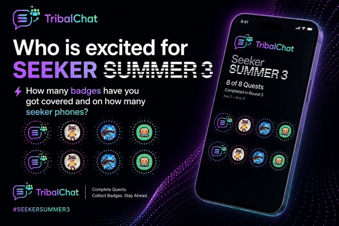 A promotional graphic for 'TribalChat' advertising 'Seeker Summer 3', showing a smartphone interface and various pixel-art badges with the text 'Who is excited for SEEKER SUMMER 3'.