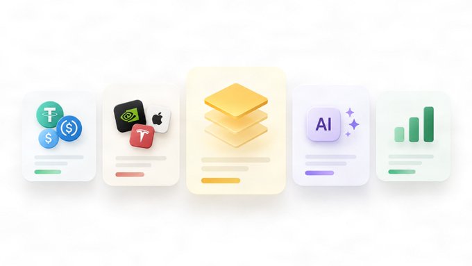 An illustration of five application cards featuring cryptocurrency logos, NVIDIA and Apple icons, layered shapes, an 'AI' icon with sparkles, and a bar chart, with the middle card highlighted.
