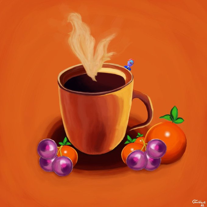 A warm-toned digital painting of an orange ceramic mug filled with steaming coffee or tea, surrounded by purple grapes and orange fruits, with a small blue character peeking over the rim of the cup, signed 'Arribalent 23' in the corner.